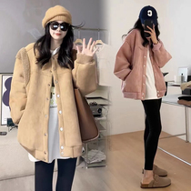 Maternity wear American velvet thickened baseball uniform for women winter design niche splicing lambswool suede jacket