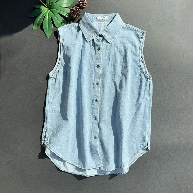 High Quality! Washed White Denim Sleeveless Vest with Polo Collar, Layering Shirt, Unisex Shirt Top, Fake Collar