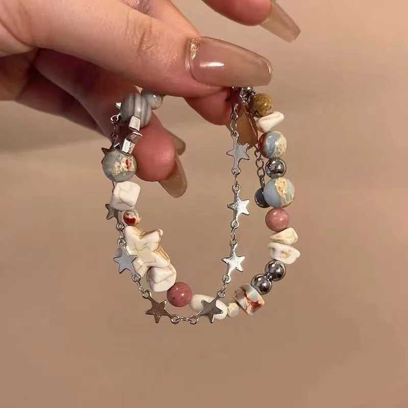 Gentle Universe Original Handmade Cream Color Double Layer Star Bracelet Niche Design Girl Natural Stone Beads
