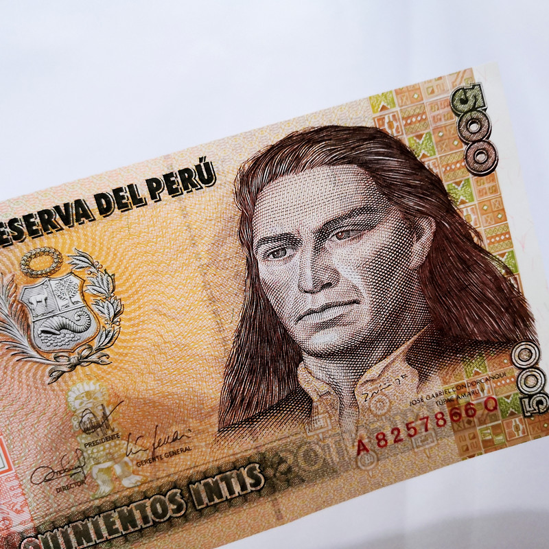 Foreign coin Peru 500 Inti banknote leaflet 1987 engraving prints portrait watermark Anti-counterfeiting Americas extras
