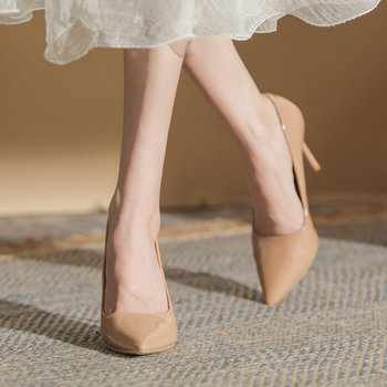 Sexy and Elegant Shallow Mouth High Heels, Thin Heels, Patent Leather Nude Color Professional Work Shoes, Black Pointed Toe Single Shoes for Women