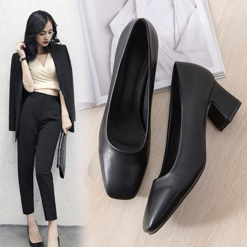 Work Shoes for Women, Black High Heels, Thick Heels, Single Shoes, Women's Professional Leather Shoes, Stewardess Formal Shoes, Comfortable Hotel Work Shoes