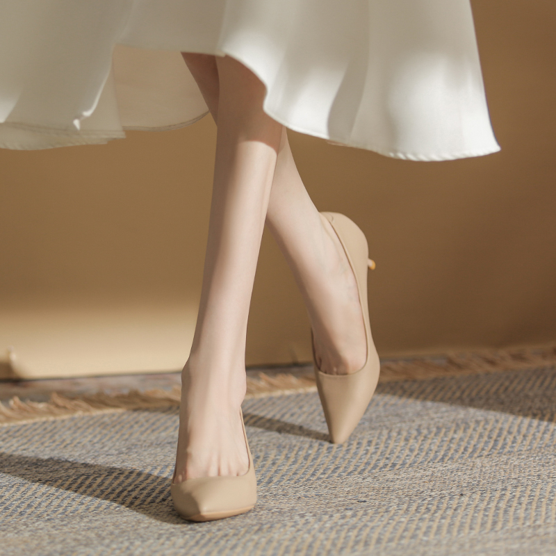 Sheepskin Sexy French Style Comfortable High Heels for Women, Stiletto Shallow Pointed Toe Pumps, Nude Color, Comfortable 5cm Professional Shoes