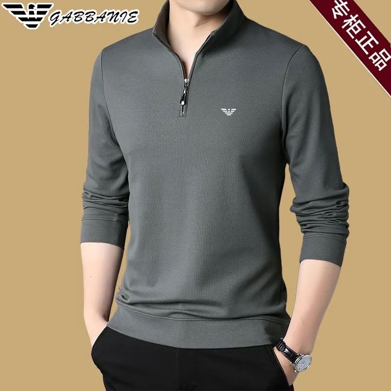 Authentic Italian Spring and Autumn Men's Long-Sleeve Cotton T-Shirt with Zipper Stand Collar Sweatshirt Base Layer Men's Polo Shirt
