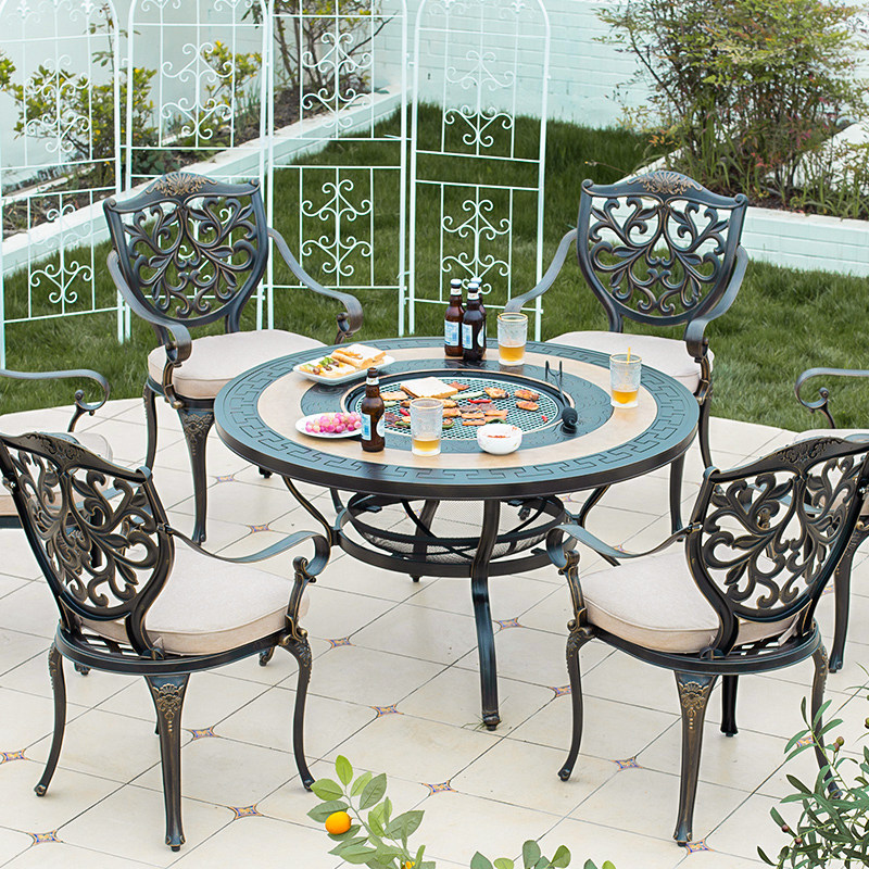 Outdoor barbecue tables and chairs courtyard cast aluminum balcony open-air garden aluminum alloy imitation marble long table electric grill charcoal grill