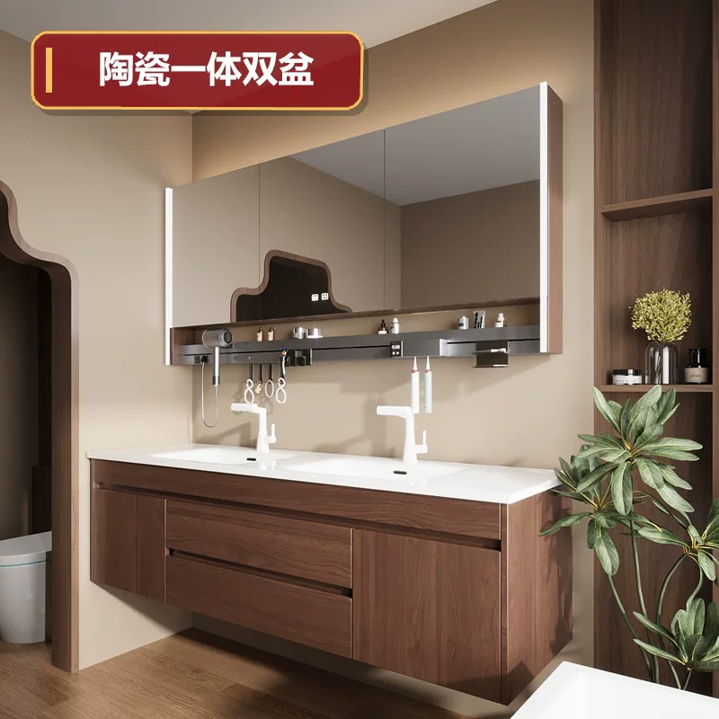 2026 New Model Ceramic Integrated Double Basin Bathroom Cabinet Set, Antique Style Walnut Wood Washbasin Bathroom Cabinet