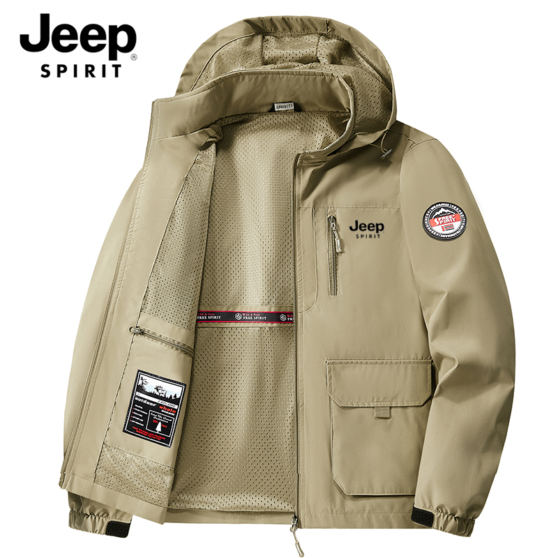 Jeep Spring and Autumn Thin Multi-Pocket Jacket for Men, Windproof and Waterproof Outdoor Workwear Jacket, Large Size
