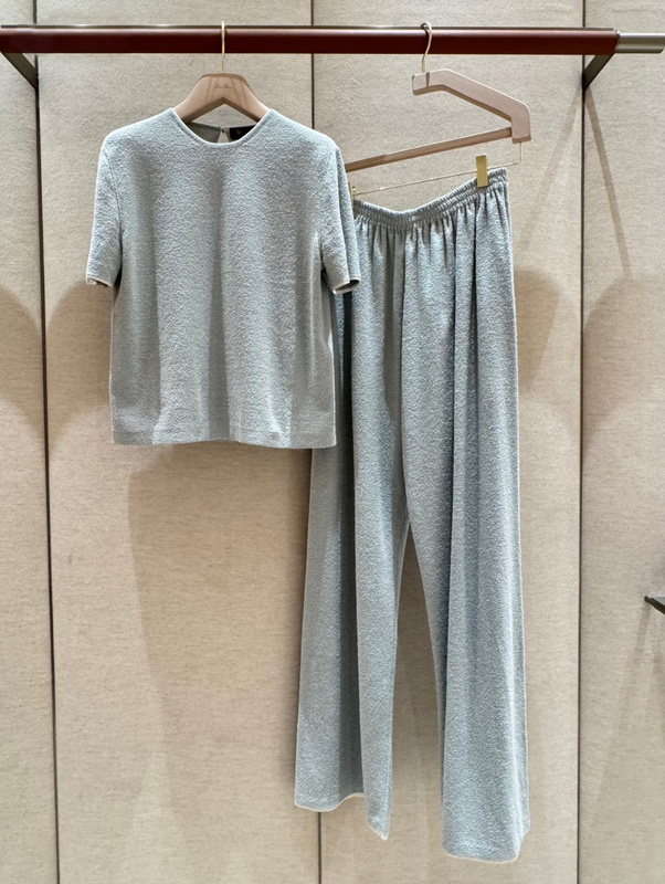 High-End Old Money Summer Lazy Suit Lp Style Sage Mulberry Silk Loop Texture Knit Short-Sleeve Top + Wide-Leg Pants