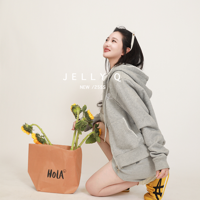 Jelly Q Niche Design Spring and Autumn Unique Lace Patchwork Loose Hooded Zipper Versatile Sweatshirt Cardigan for Women