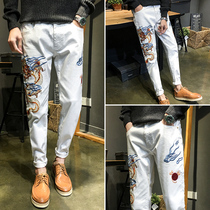 2020 Chinese style dragon embroidery personality jeans stretch small feet mens social guy slim small feet trousers
