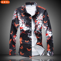 Chinese style 2021 spring mens large size long sleeve shirt thin loose mens trend casual fat flower shirt