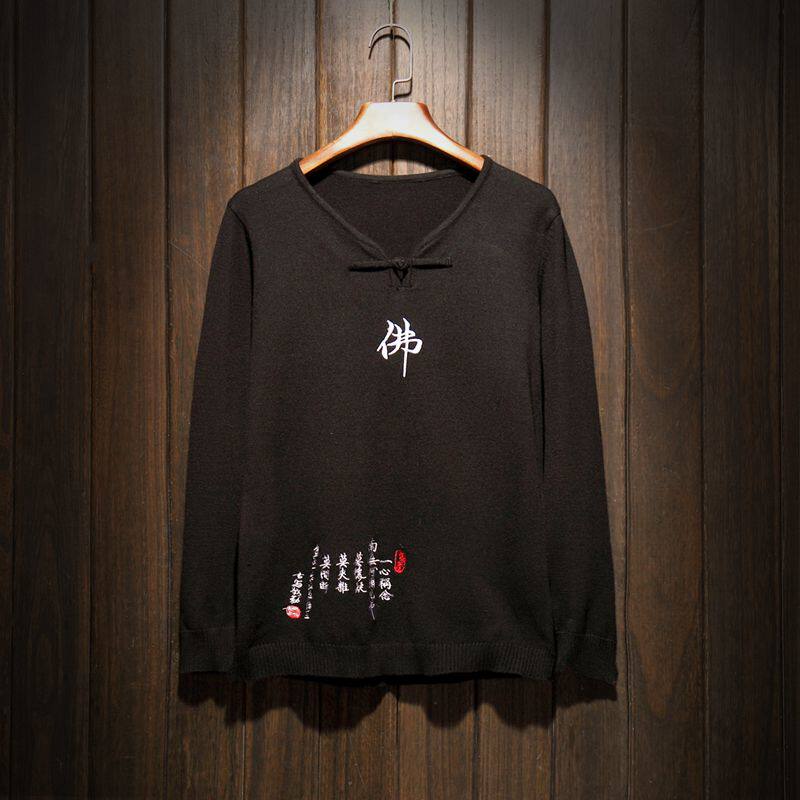 2020 fall new men's Buddhist character embroidery sweaters trendy personality winter dress knitted sweatshirt hooded sweatshirt undershirt