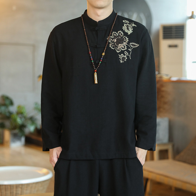 Autumn Chinese style men's rose embroidery long-sleeved T-shirt ethnic style bottoming shirt men's large size loose top clothes
