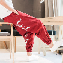 Chinese style cotton pants mens autumn tide embroidery plus size mens nine casual pants loose cotton linen trousers fat man