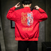 Red plus size jacket mens national tide tiger embroidery personality spring coat plus fat loose casual baseball suit