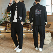 Autumn unicorn embroidered cotton linen suit mens Tang dress large size Chinese style mens two-piece linen Chinese style hanfu