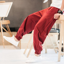 Summer cotton retro Chinese style mens red casual pants fat plus size loose Xiangyun embroidery bunched pants fat
