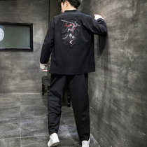 Chinese style linen suit spring Hanfu costume retro Great Sage embroidery two-piece Tang suit male Tide brand Zhongshan suit