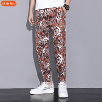 2021 Summer Printed Floral Plus Size Casual Pants Mens Plus Size Cotton Bundle Foot Pants Nine Sports Pants
