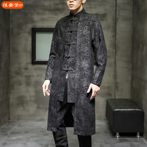 Jacquard Tang Dress Male China Wind Mens Chinese Style Tide Flowers Coats Spring Autumn Mens Medium Long Style Wind Clothes Leave two blouses