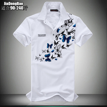 Personality pure cotton Chinese style lapel short-sleeved T-shirt Butterfly print POLO shirt Fat large size mens summer clothes