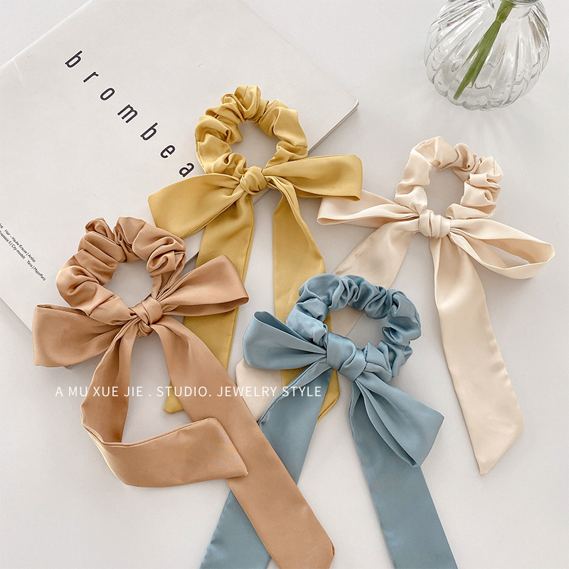 Bow large intestine hair circle female ins Korean streamer Satin Korean temperament tie ponytail band solid color wild