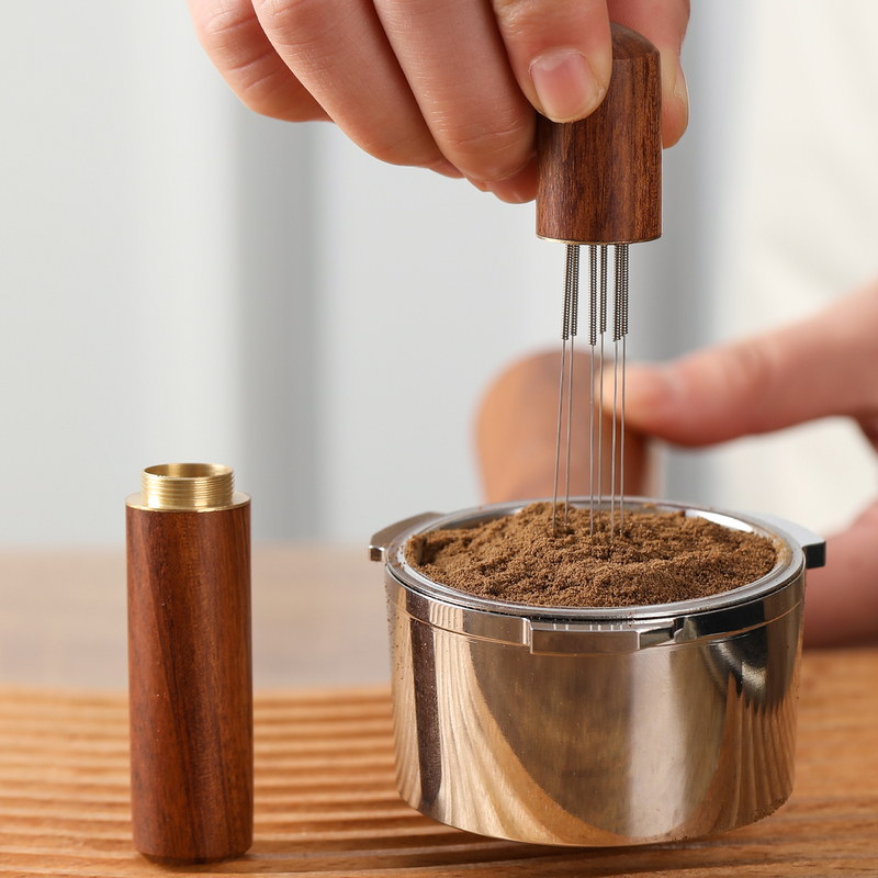 Needle-Type Powder Distribution Tool Mini 304 Stainless Steel Coffee Powder Clumping and Fluffing Tool with Solid Wood Handle, a Special Coffee Tool