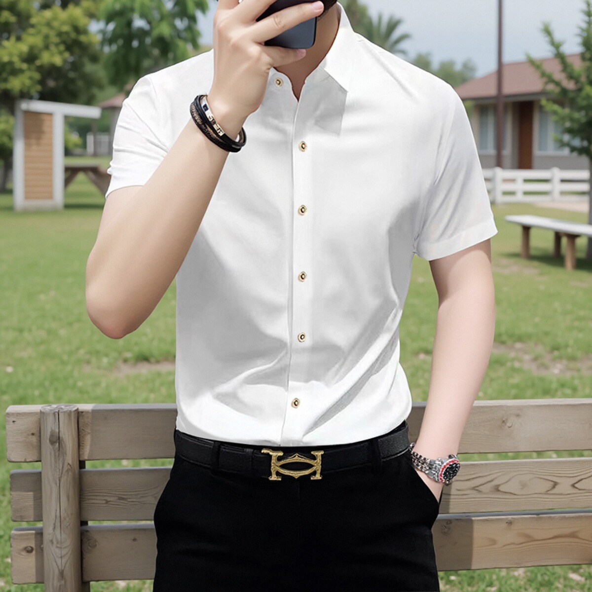 高級ハンサムトレンド半袖無地シャツアイスシルク薄手伸縮性スリムカジュアルノンアイロンしわ防止シャツメンズ