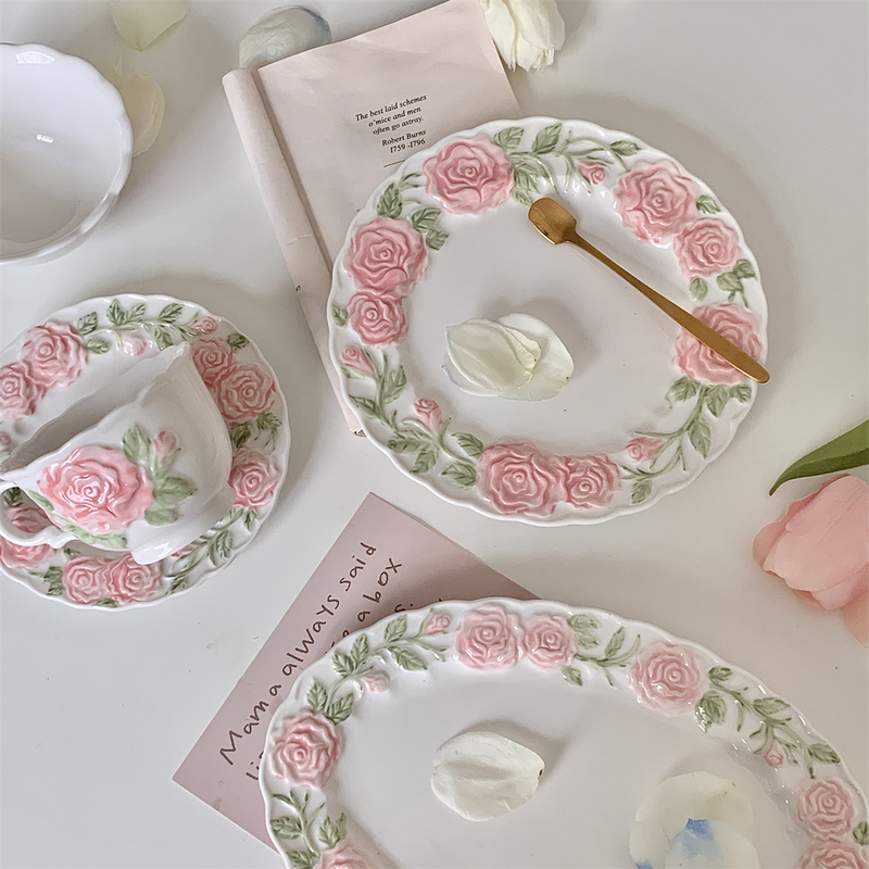 European-Style Three-Dimensional Relief Hand-Painted Rose Tableware Set, Rice Bowl, Pasta Plate, Afternoon Tea Coffee Cup and Saucer Set