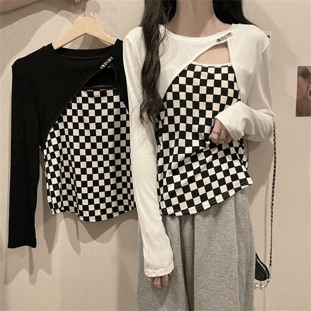 Fake two-piece checkerboard short top women's spring autumn winter 2021 new sweet hot girl long-sleeved bottoming shirt