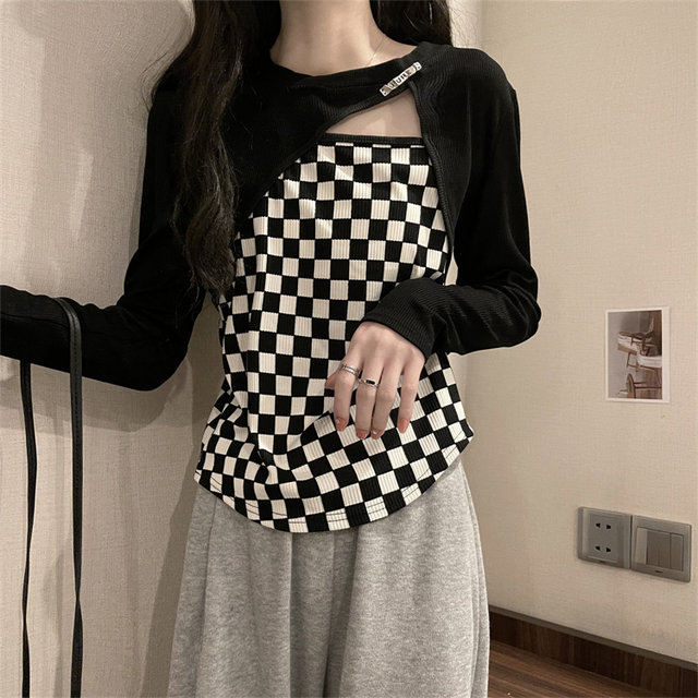 Fake two-piece checkerboard short top women's spring autumn winter 2021 new sweet hot girl long-sleeved bottoming shirt