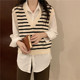 Striped Knit Vest Vest Women's Clothing Design Sensation Niche Spring and Autumn Outer Layering V-neck Sweater Shirt Two-piece Set