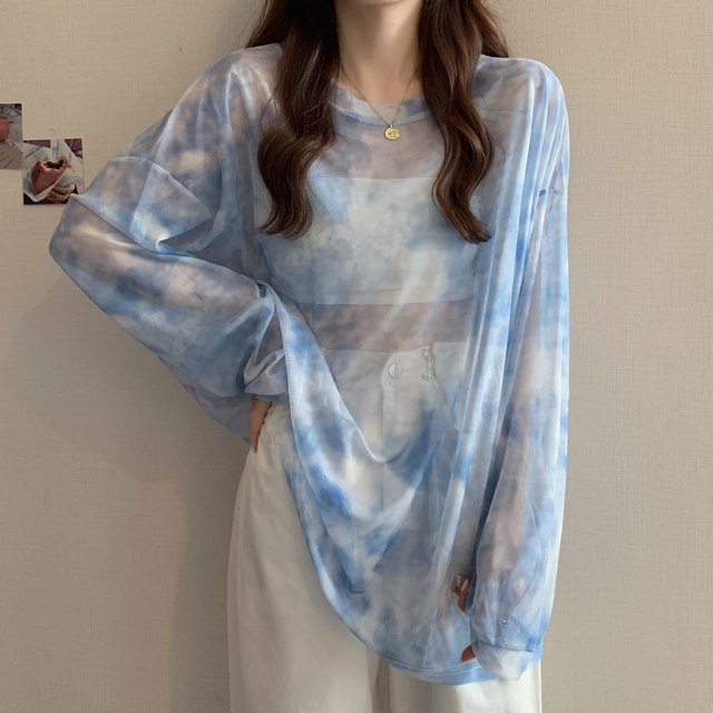 Sunscreen blouse women's summer thin tie-dye design niche T-shirt 2022 new seaside transparent top