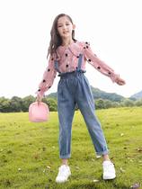 Girls Spring and Autumn Children 2021 New Childrens clothing Spring Pants Loose Denim Strappings