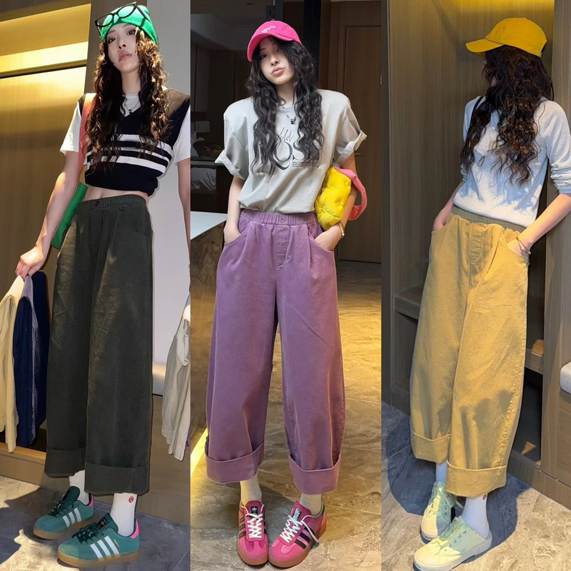 2026 Spring Korean Style Petite Women's Wide-Leg Casual Pants, Plus Size for Curvy Women, Nine-Tenths Length Rolled Hem Straight Pants