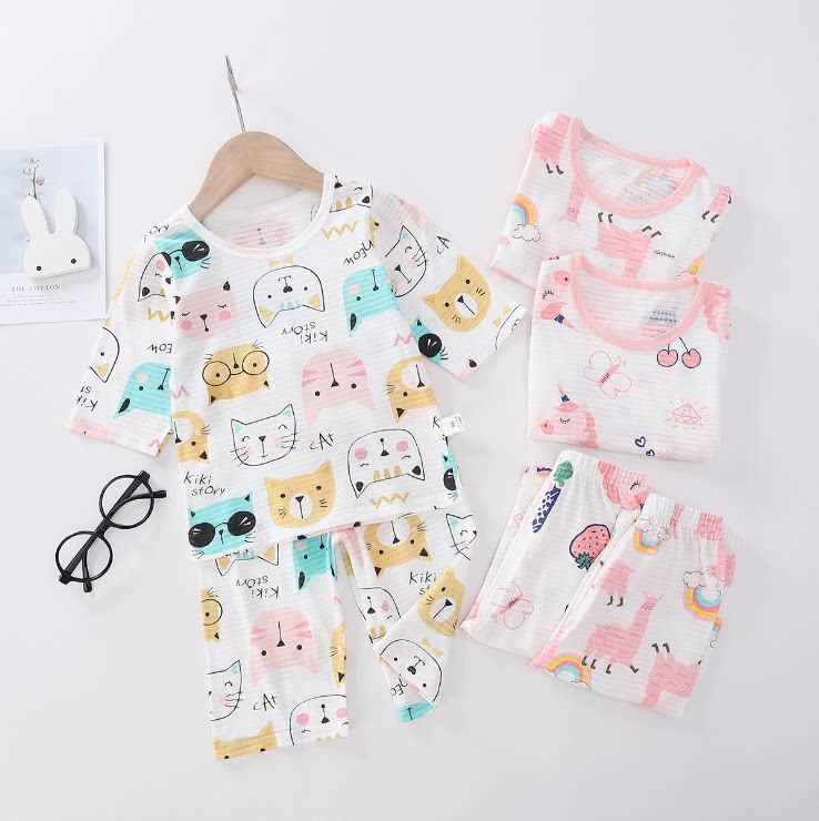 Children's home clothes summer thin section boys and girls cotton pajamas set children's air-conditioning clothes boys two-piece set