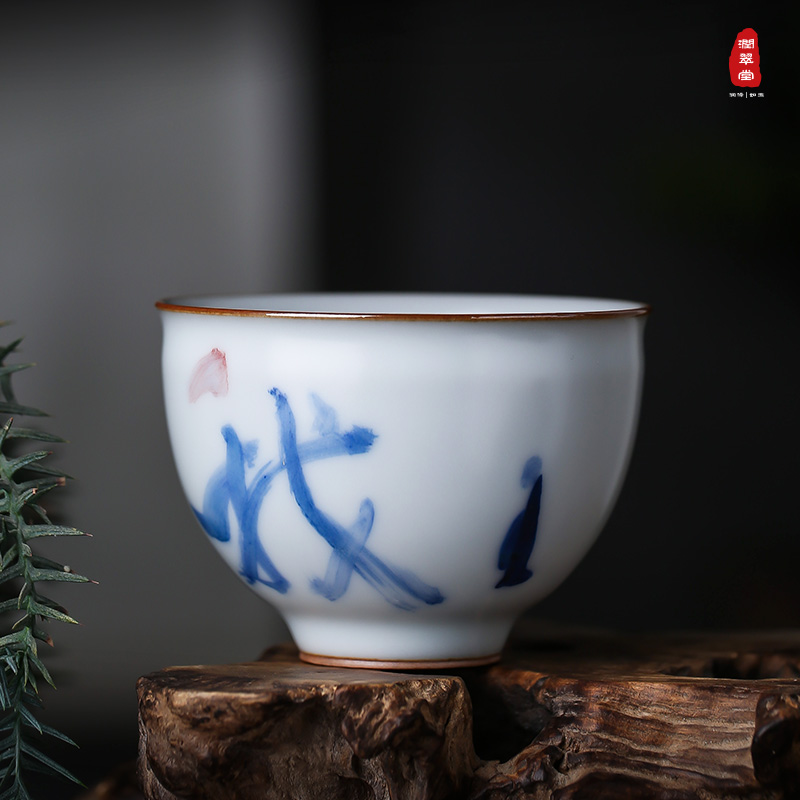 Run Cuitang Ru Kiln master cup Single cup Jingdezhen hand-painted glaze green and flower porcelain Hand-held cup Tea cup Ceramic teacup