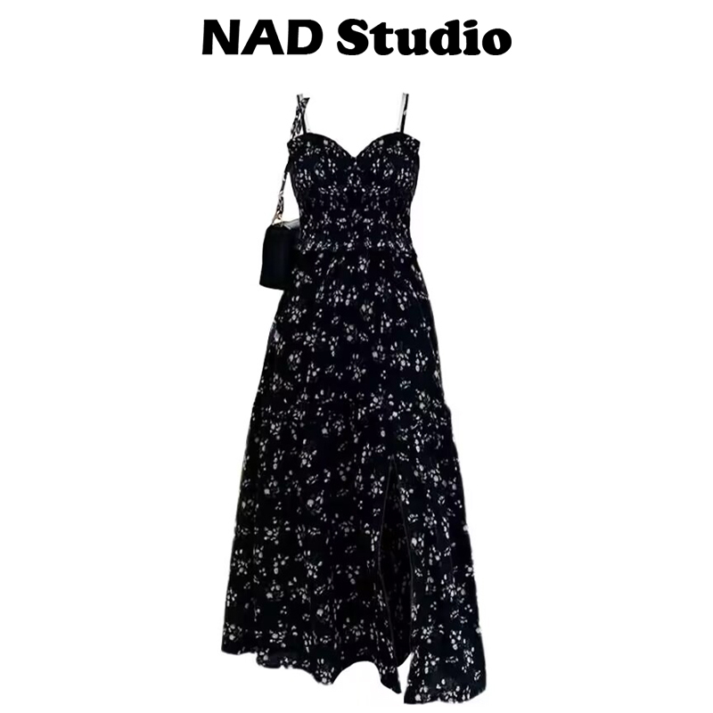 French Hepburn Style Black Floral Spaghetti Strap Dress for Women, Summer High-Waisted Slimming A-Line Long Dress, Tea Break Dress
