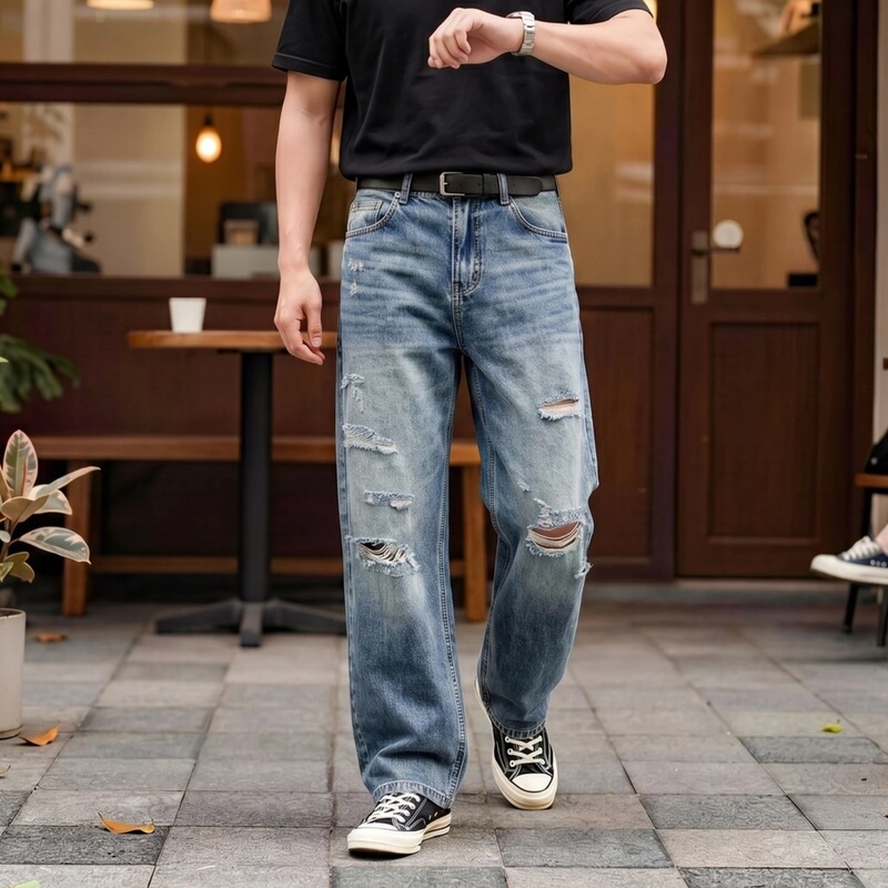 Blue Ripped Spring and Autumn Washed Denim Jeans for Men, Vintage Loose Straight-Leg American Casual Wide-Leg Versatile Long Pants Blue Ripped Spring and Autumn Washed Denim Jeans for Men, Vintage Loose Straight-Leg American Casual Wide-Leg Versatile Long Pants