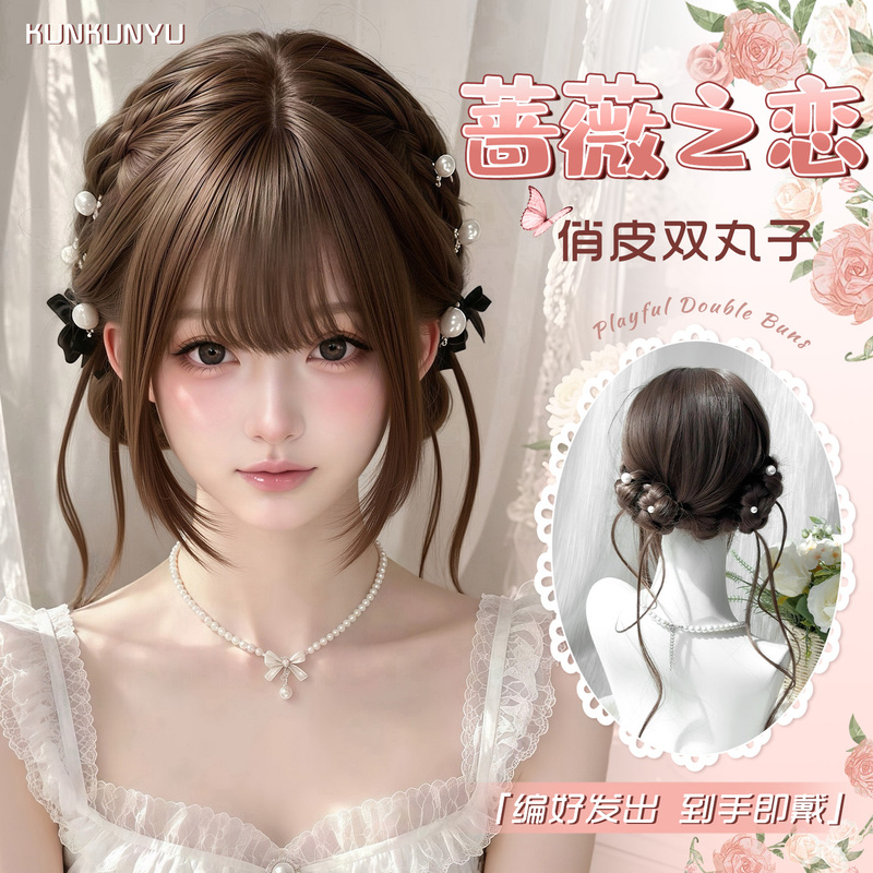 【Rose Love】Sleepy Fish Braided Wig Double Bun Sweet Girl Long Curly Hair Wig Lolita Full Head Cover 【Rose Love】Sleepy Fish Braided Wig Double Bun Sweet Girl Long Curly Hair Wig Lolita Full Head Cover