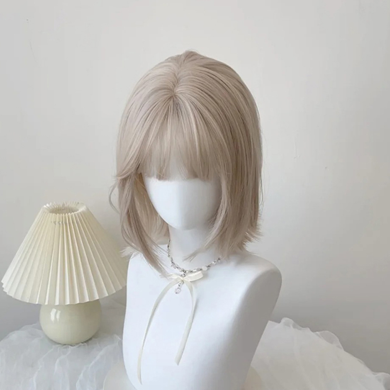 【Mixed-Race Beige Gold】Short Wig for Women, Summer Beige Gold, Internet Celebrity Style, Round Face, Age-Reducing Bob, Straight Hair, Full Wig