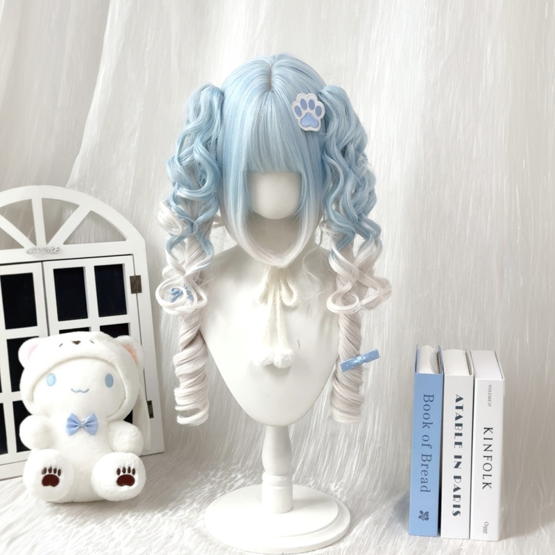 【Sea Salt Dream】Lolita Wig for Women, Roman Curls, Blue and White Gradient, Double Ponytails, Two-Dimensional Cosplay Full Wig 【Sea Salt Dream】Lolita Wig for Women, Roman Curls, Blue and White Gradient, Double Ponytails, Two-Dimensional Cosplay Full Wig