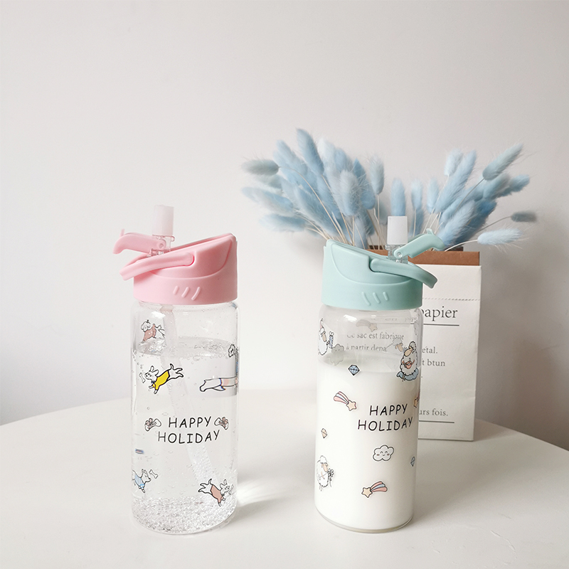 Water glass woman with straw glass cup brief frescoed creative portable ins Han version personality trendy men's family mug