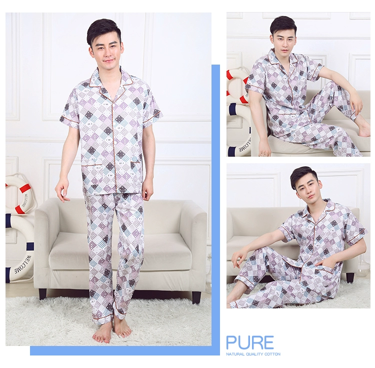 Mùa hè đồ ngủ nam cotton ngắn tay quần dịch vụ nhà hai mảnh nam dệt bông đồ ngủ set sọc lưới