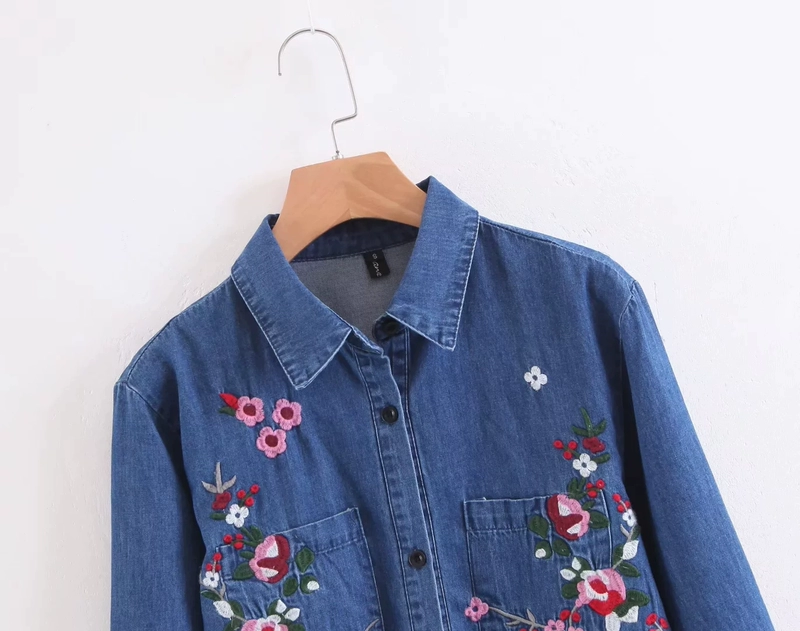 Châu Âu và Hoa Kỳ 2018 xuân mới buông tay áo sơ mi denim dài tay hoang dã áo voan hoa