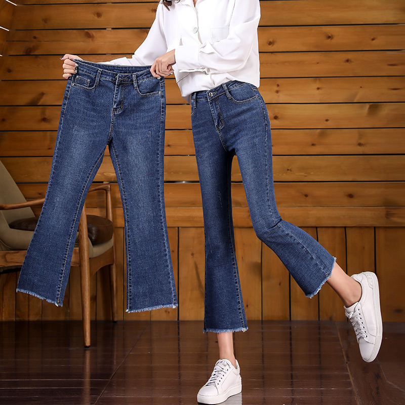 Women's Cropped Flared Jeans, Summer Thin Stretchy High-Waisted Petite Cropped Pants, Dark Blue Frayed Hem Summer Trousers