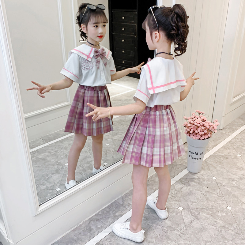 jk uniform suit girls genuine shirt plaid skirt pleated skirt children's skirt short-sleeved full set of primary school sailor suit