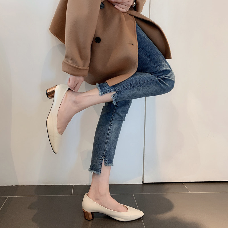 Mars Jiamin Metal Heel Full Leather Chic Small Square Head Shoes Women's Shoes Fashion Career Commuting