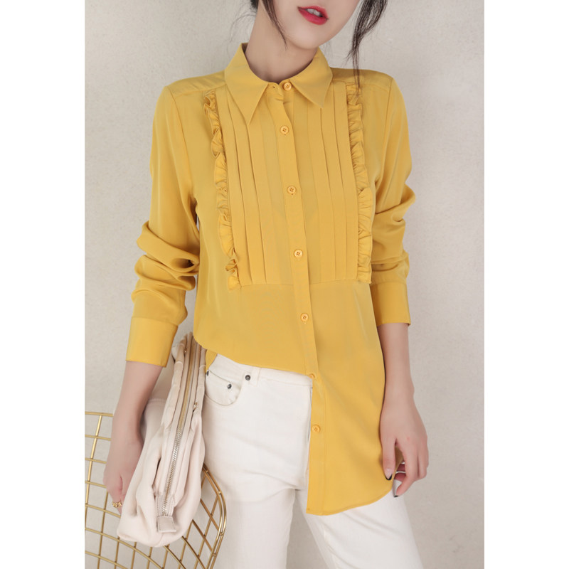 Ma's Jiamin 23mm true silk crepe long version of agaric side length sleeve shirt mulberry silk blouse