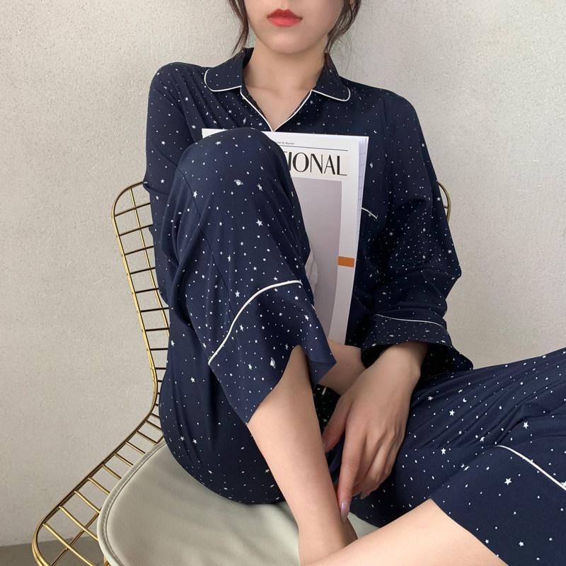 Ma's Jiamin Little Star Digital Stamp Fashion Home Genuine Silk Sleeping Suit Suit